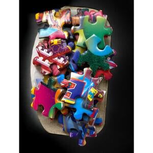 Handmade Brooch Puzzle Pieces 3.5" x 1" Bright Colorful Pin